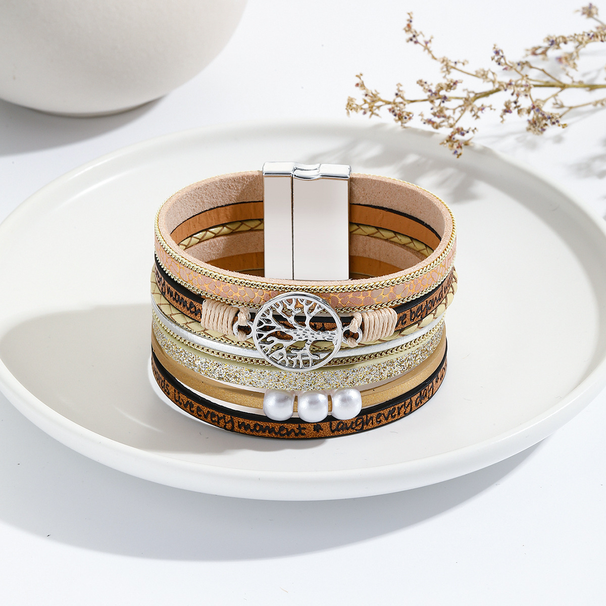 MYK1967-Bohemian Leather Multi-Layer Vintage Tree of Life Pearl Hand-Woven Magnetic Clasp Bracelet