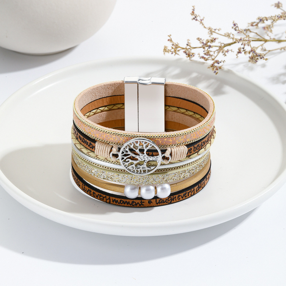 MYK1967-Bohemian Leather Multi-Layer Vintage Tree of Life Pearl Hand-Woven Magnetic Clasp Bracelet
