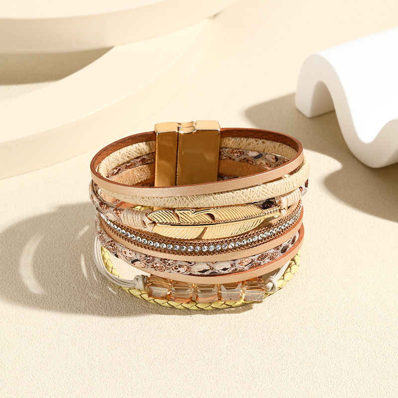 MYK1973-Bohemian ethnic style bracelet with crystal feather accessories, multi-layered wide-brimmed leather bangle