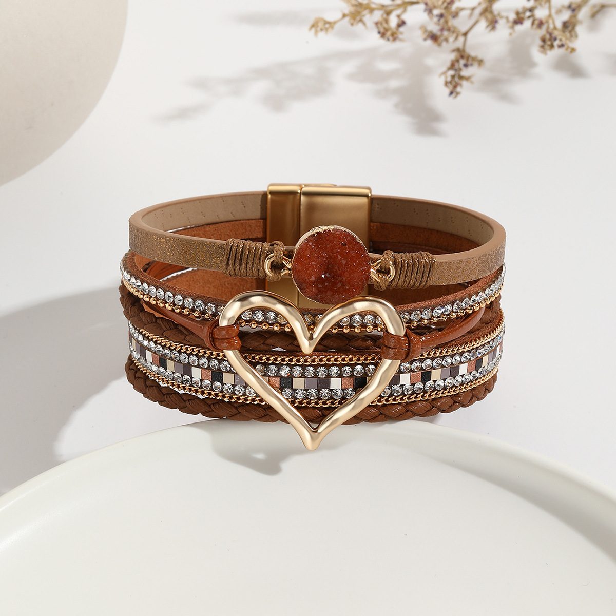 MYK1956-Bohemian Multi-Layer Bracelet with Raw Stone Heart Design, Women's Wrapped Leather Bracelet