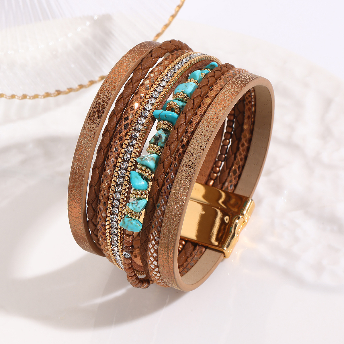 MYK1972-Bohemian-style irregular turquoise design wide leather bracelet