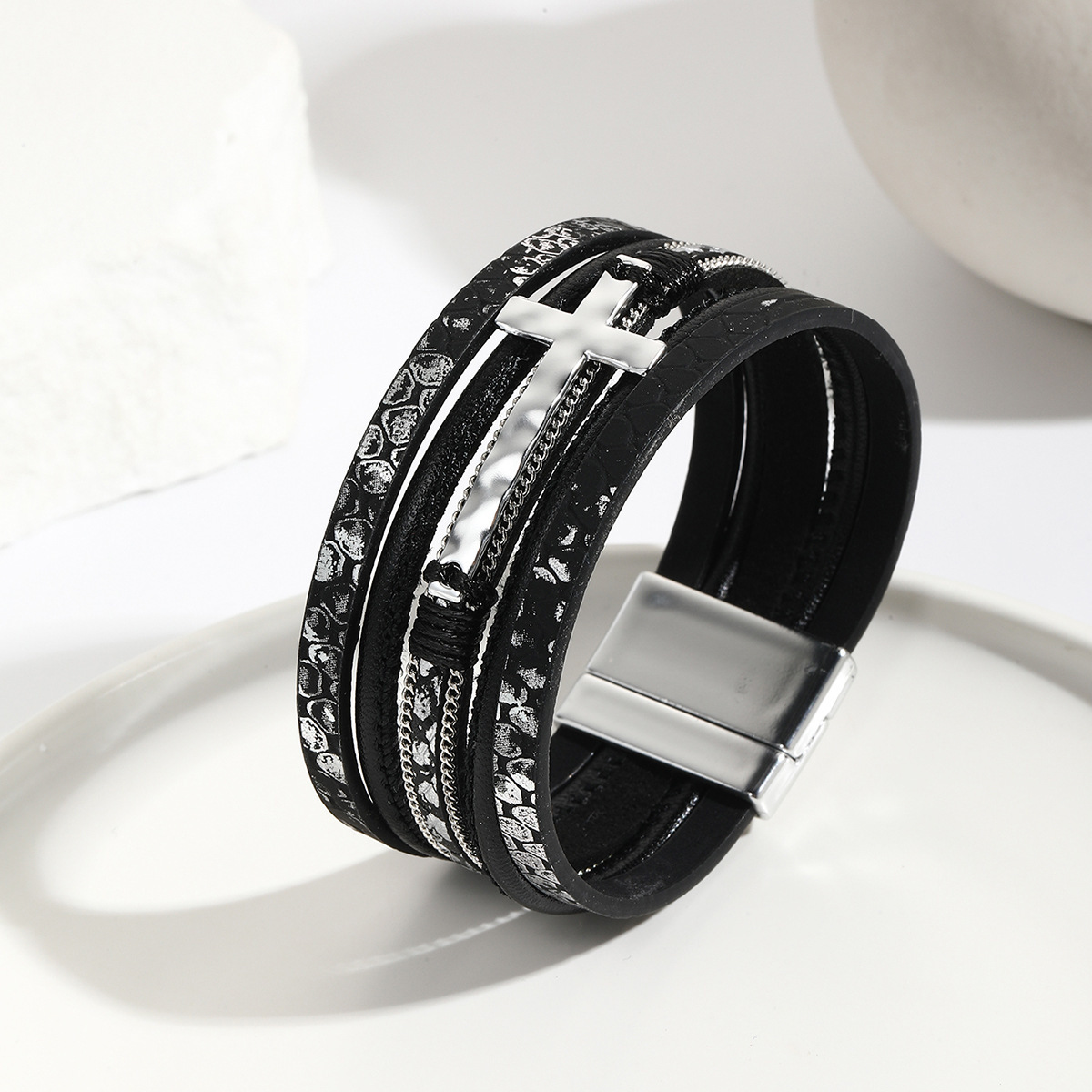 MYK1977-God's Cross Chain Woven Multi-Layer Leather Magnetic Clasp Wide Bracelet