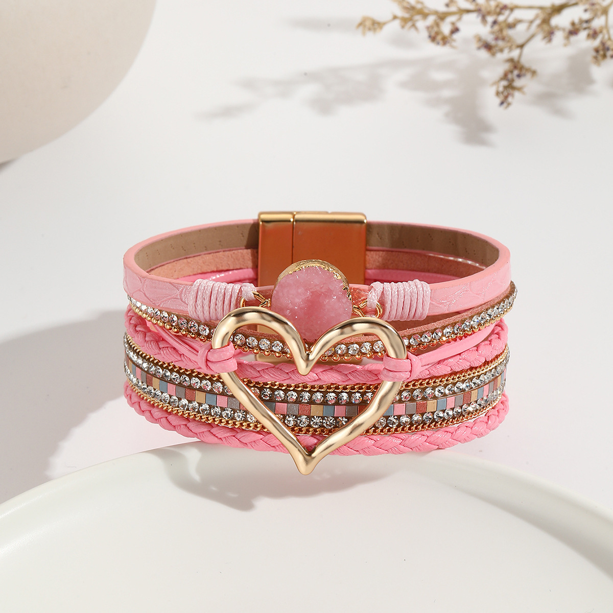 MYK1956-Bohemian Multi-Layer Bracelet with Raw Stone Heart Design, Women's Wrapped Leather Bracelet