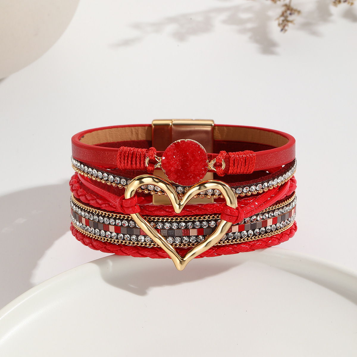 MYK1956-Bohemian Multi-Layer Bracelet with Raw Stone Heart Design, Women's Wrapped Leather Bracelet