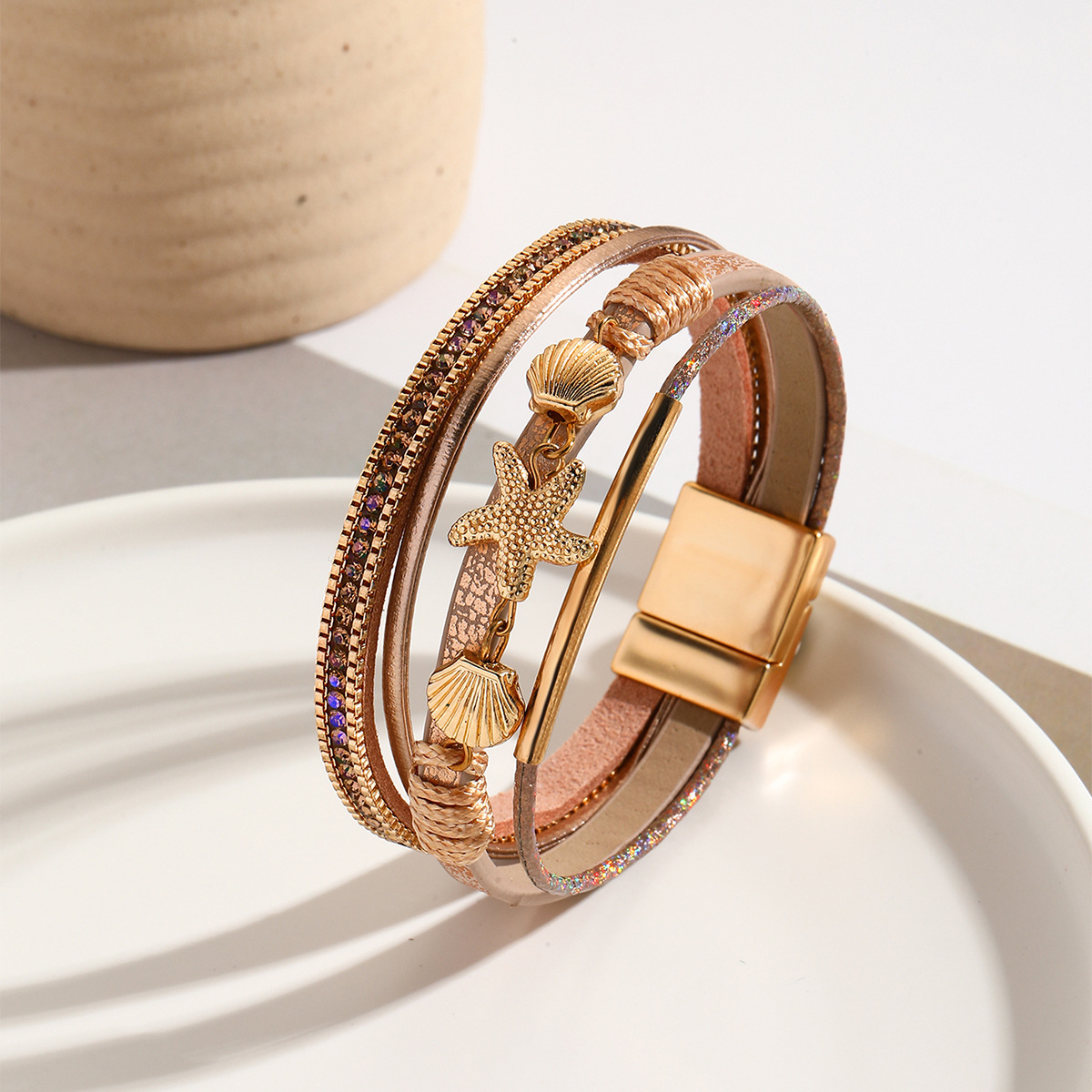 MYK1975-Starfish shell hand-woven leather Bohemian bracelet