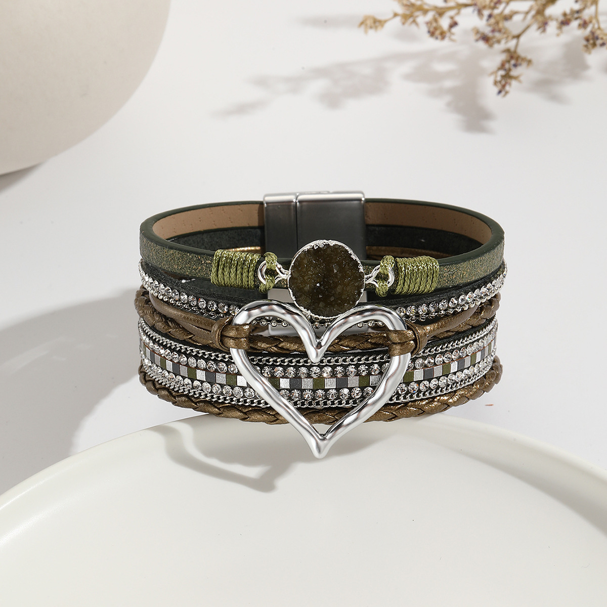 MYK1956-Bohemian Multi-Layer Bracelet with Raw Stone Heart Design, Women's Wrapped Leather Bracelet