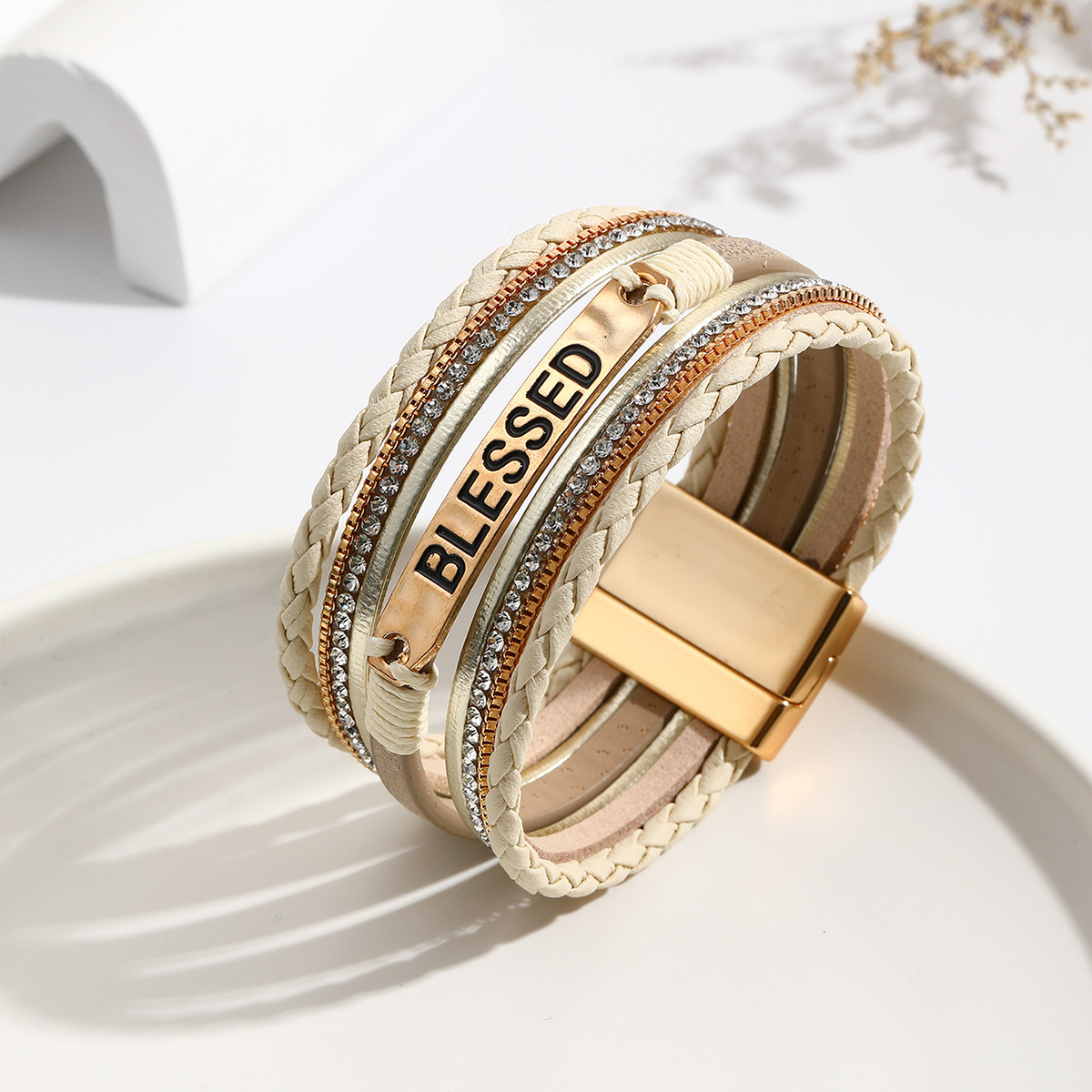 MYK1971-Ethnic style PU leather alloy multi-layer diamond-encrusted bracelet