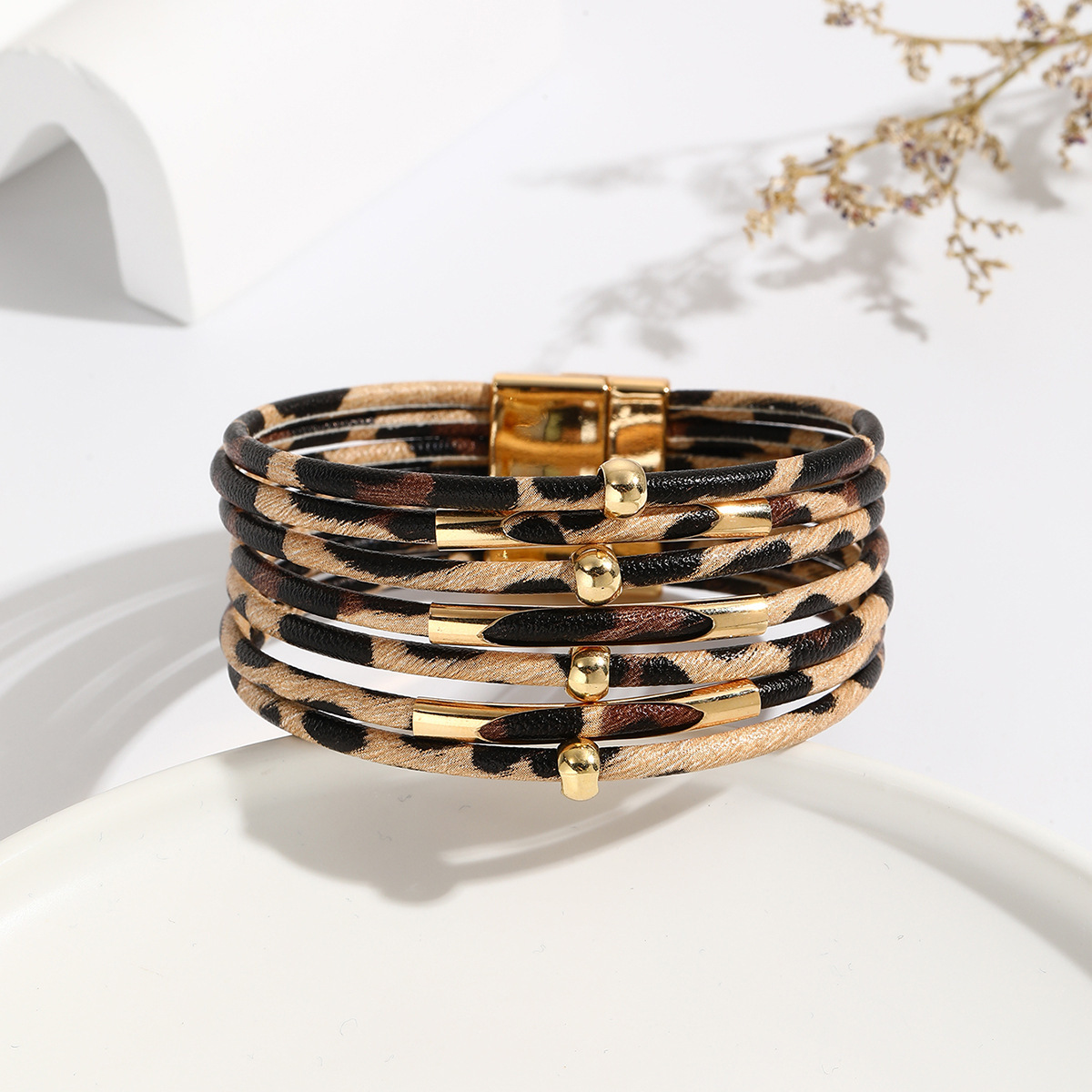 MYK1962-Leopard print magnetic buckle leather open copper tube beaded PU multi-layer bracelet