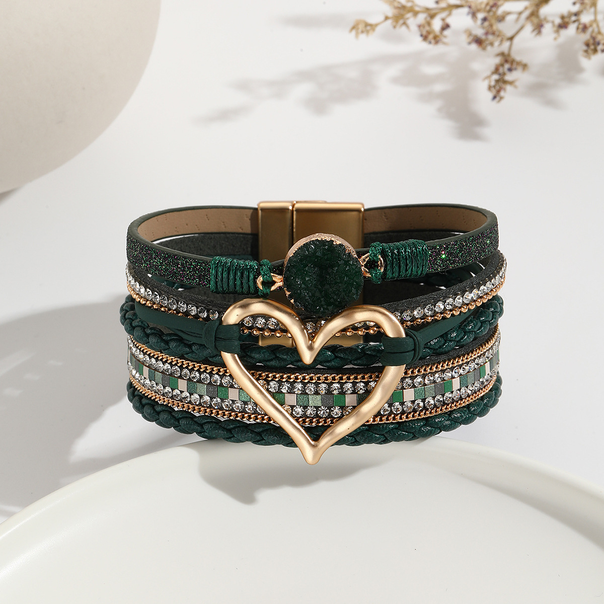MYK1956-Bohemian Multi-Layer Bracelet with Raw Stone Heart Design, Women's Wrapped Leather Bracelet