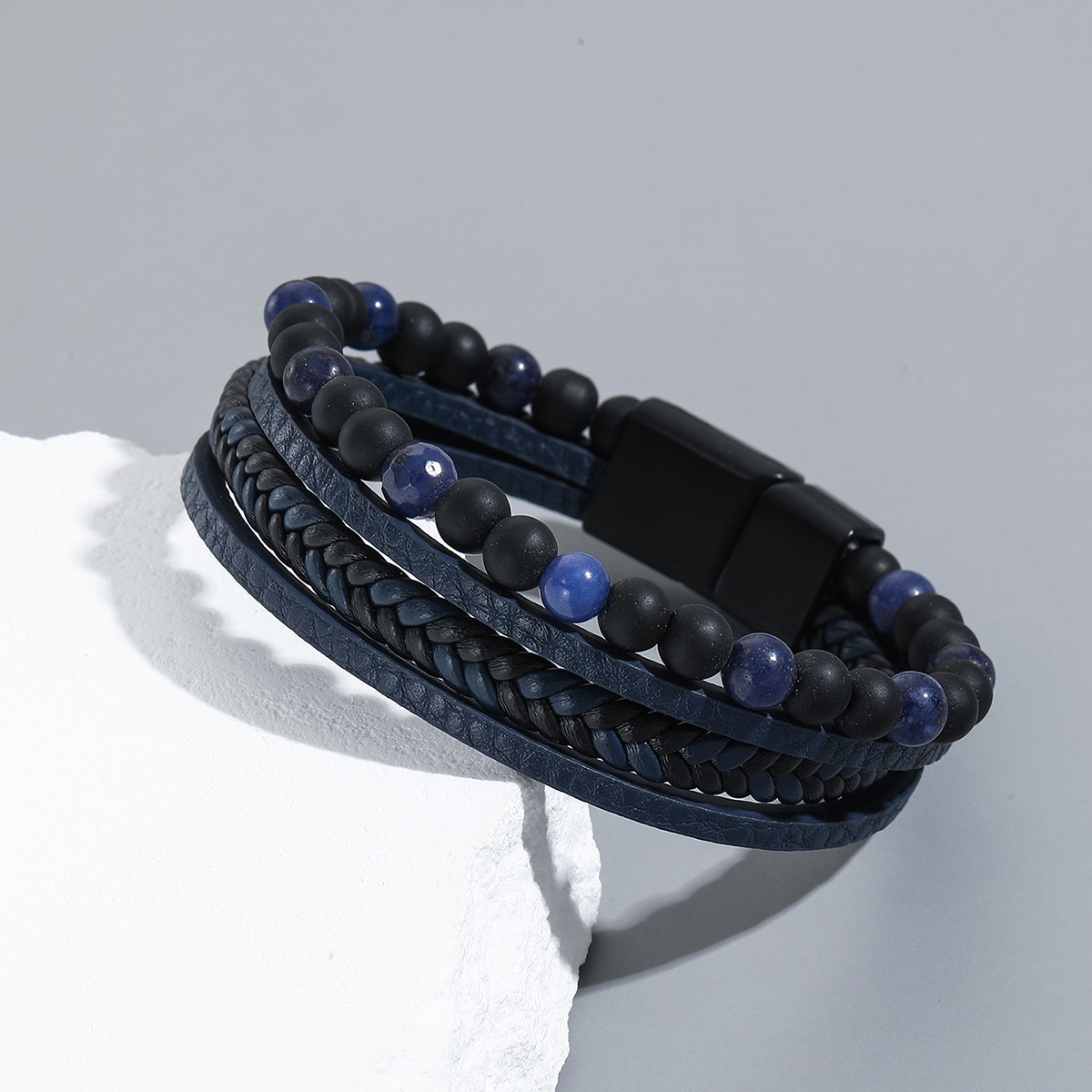 MYK1963-Handmade men's woven natural obsidian bracelet