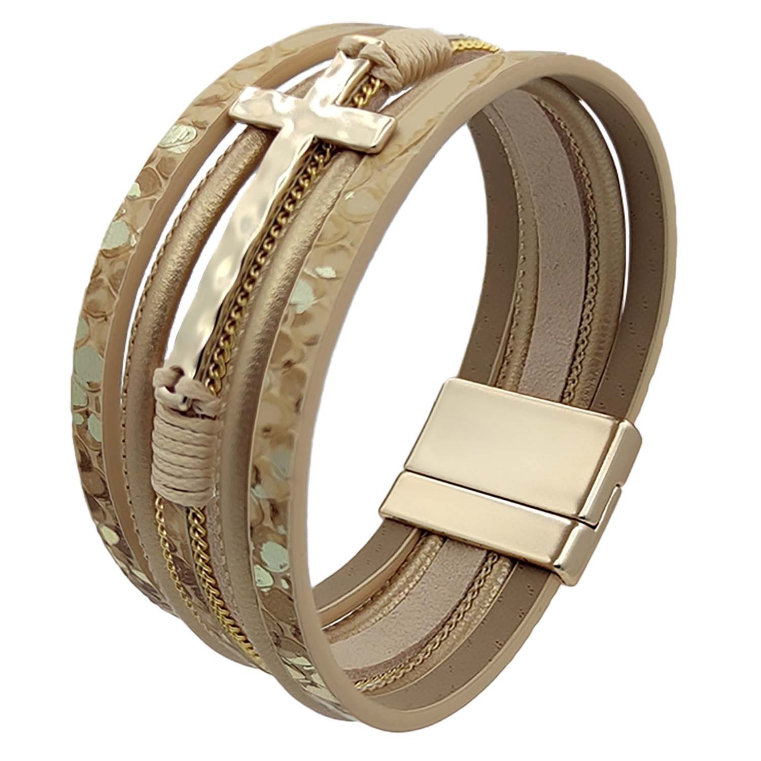 MYK1977-God's Cross Chain Woven Multi-Layer Leather Magnetic Clasp Wide Bracelet