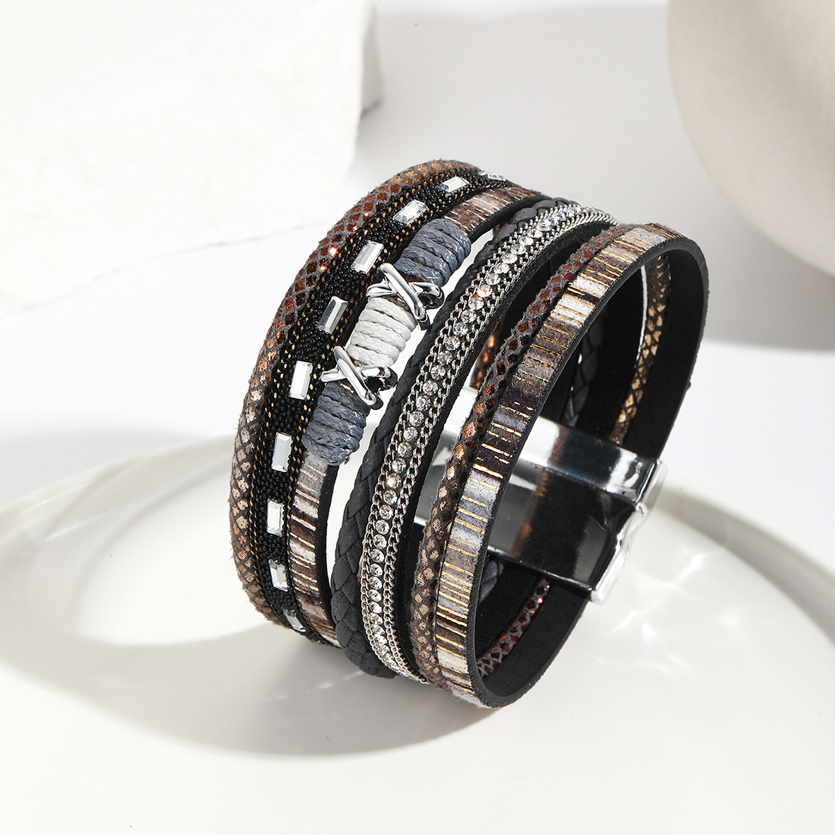 MYK1978-Hand-woven rhinestone colored braided multi-layer PU leather magnetic buckle bracelet