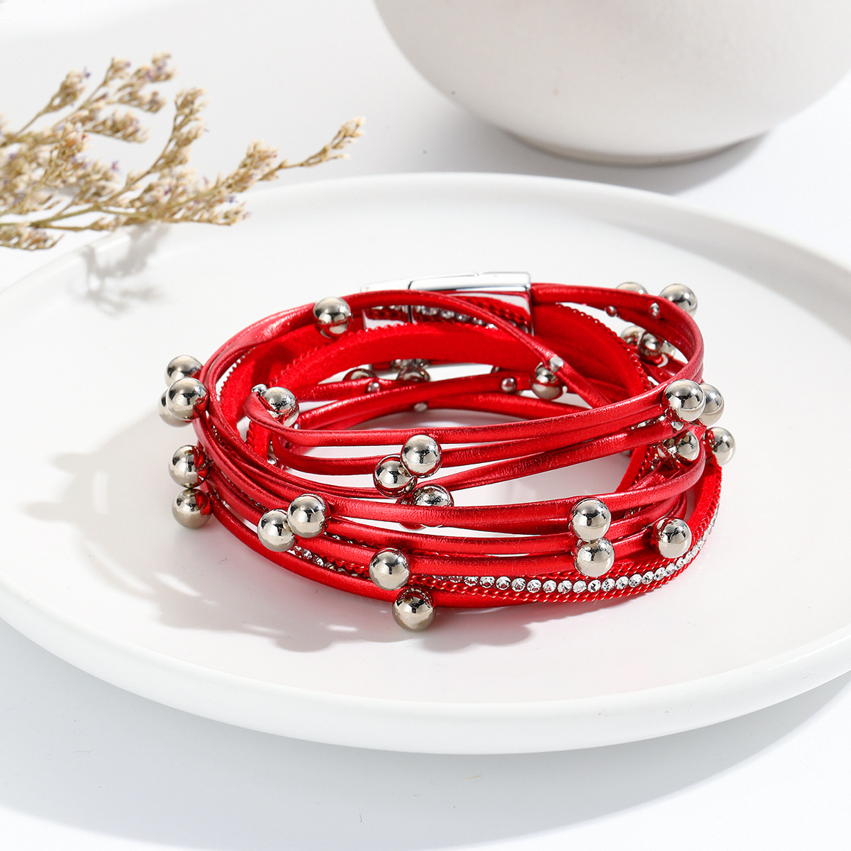 MYK1961-Double-strapped beaded leather bracelet with rhinestone magnetic clasp