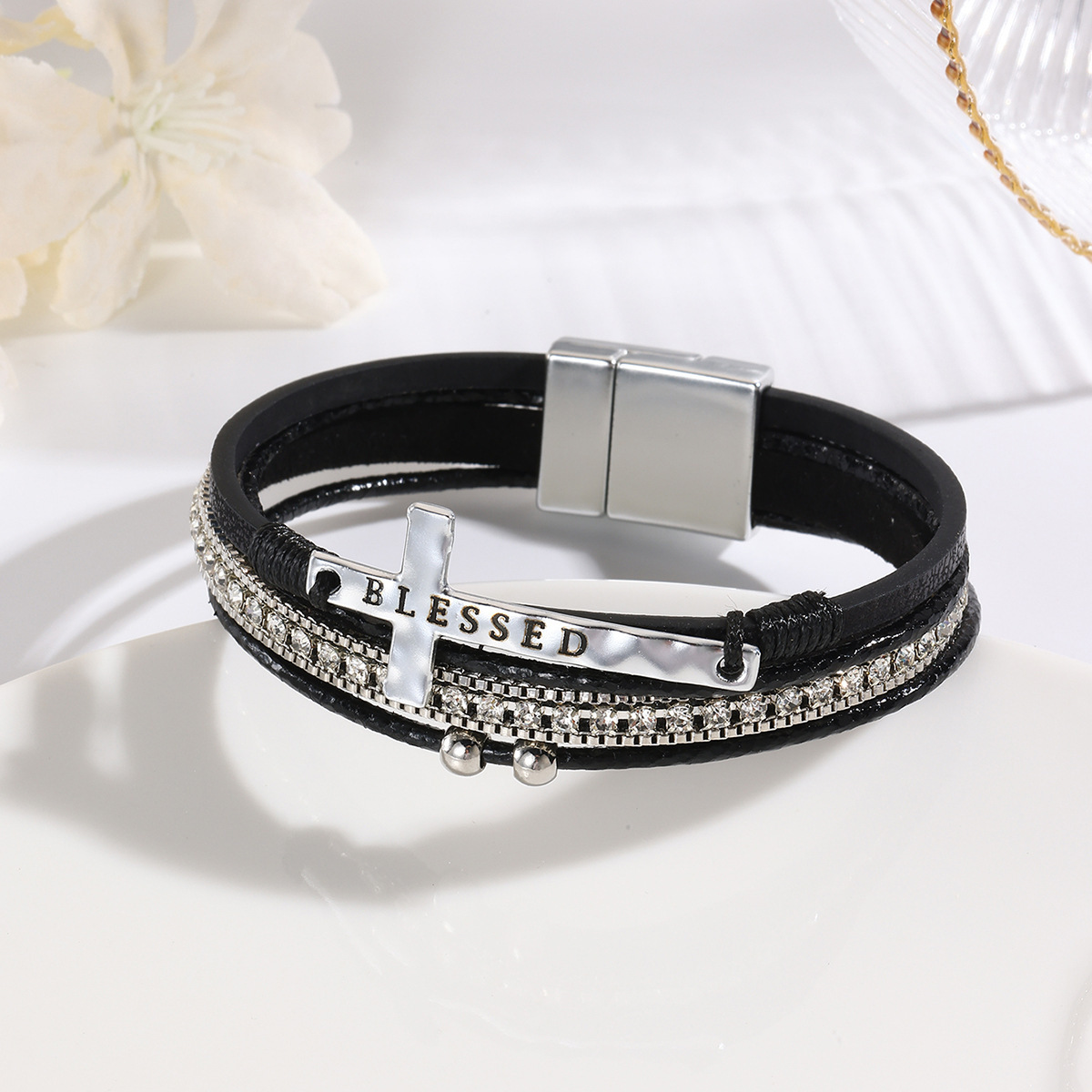 MYK1969-Bohemian style cross-shaped diamond magnetic clasp bracelet, multi-layered PU leather bracelet