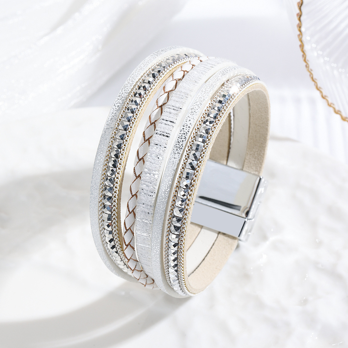 MYK1957-Bohemian style magnetic clasp leather bracelet with multi-layered wrapping.