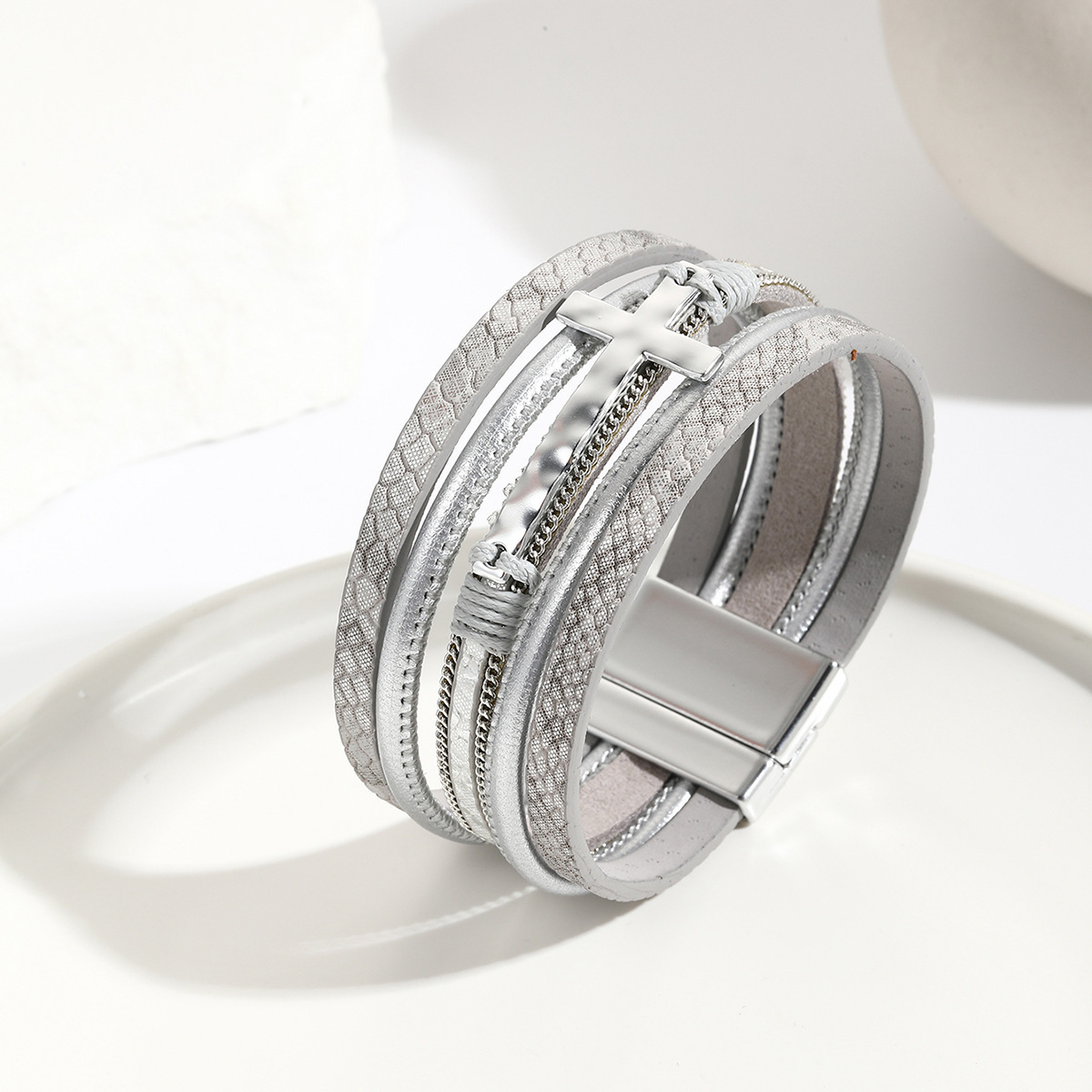 MYK1977-God's Cross Chain Woven Multi-Layer Leather Magnetic Clasp Wide Bracelet