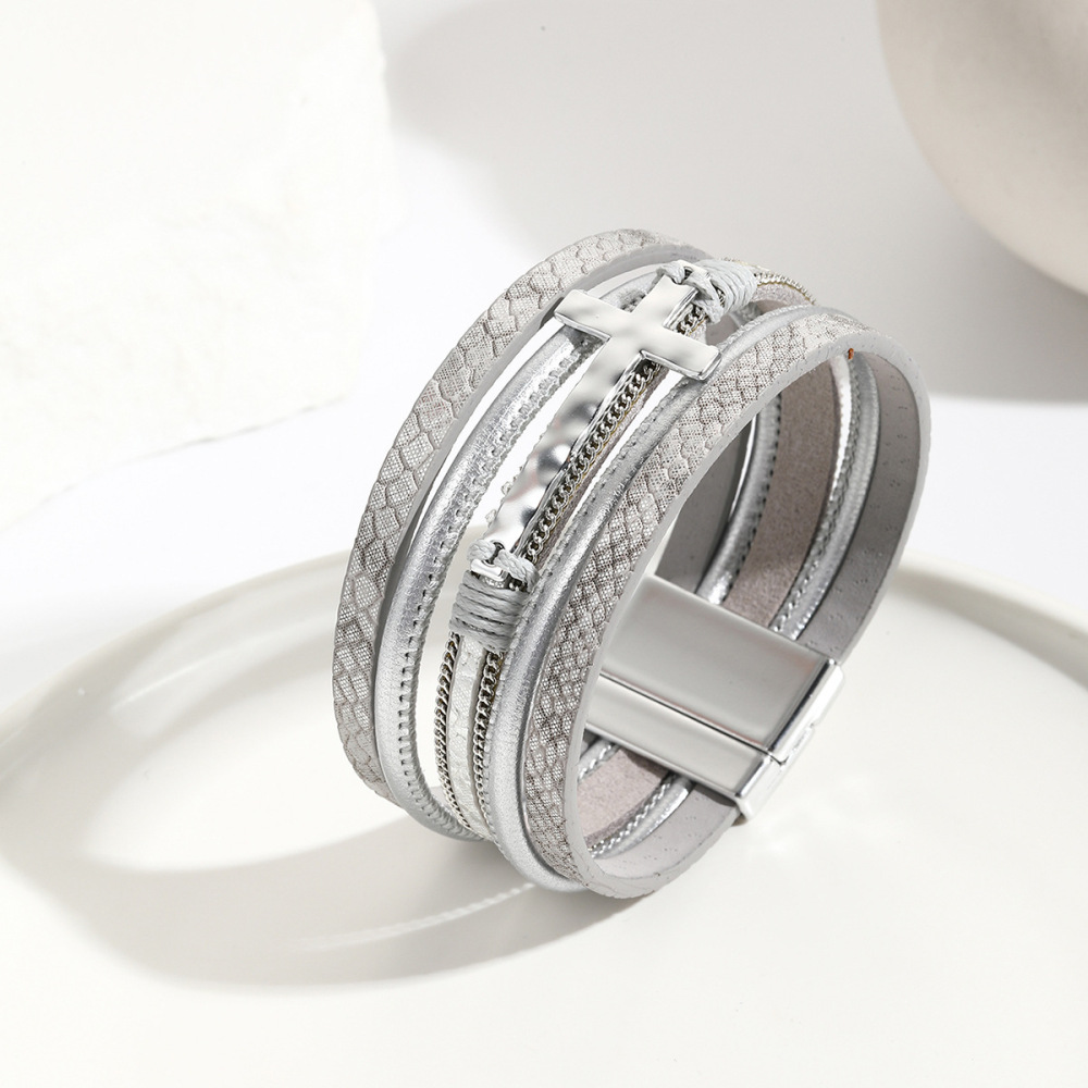 MYK1977-God's Cross Chain Woven Multi-Layer Leather Magnetic Clasp Wide Bracelet