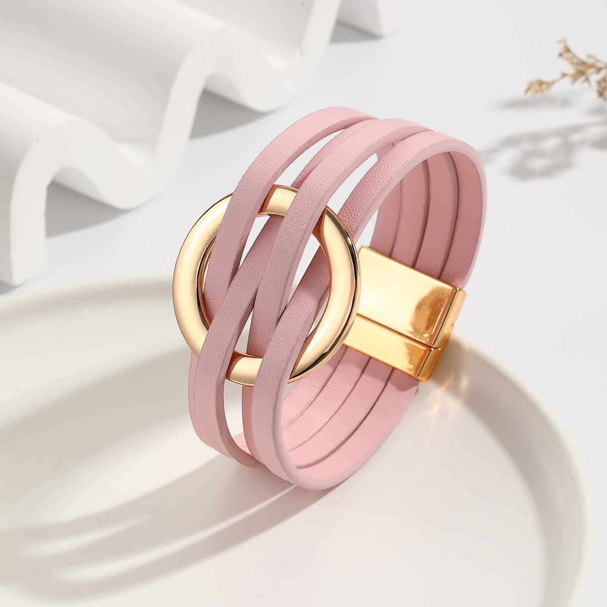 MYK1958-Cross-over leather women's bracelet with large metal ring cuff and magnetic clasp.
