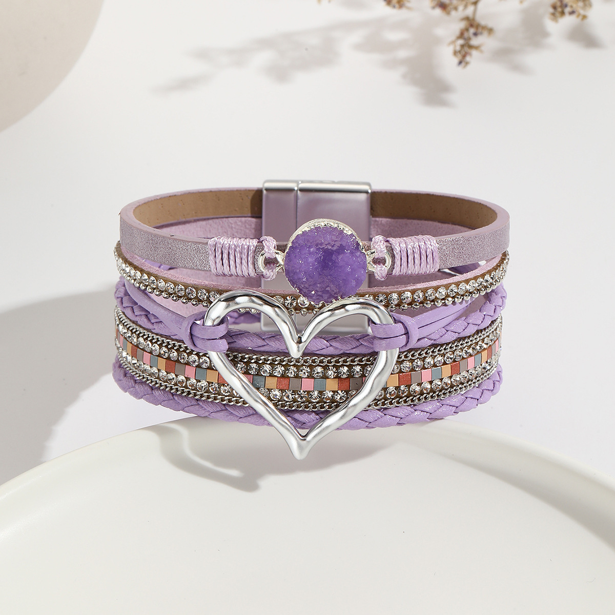MYK1956-Bohemian Multi-Layer Bracelet with Raw Stone Heart Design, Women's Wrapped Leather Bracelet