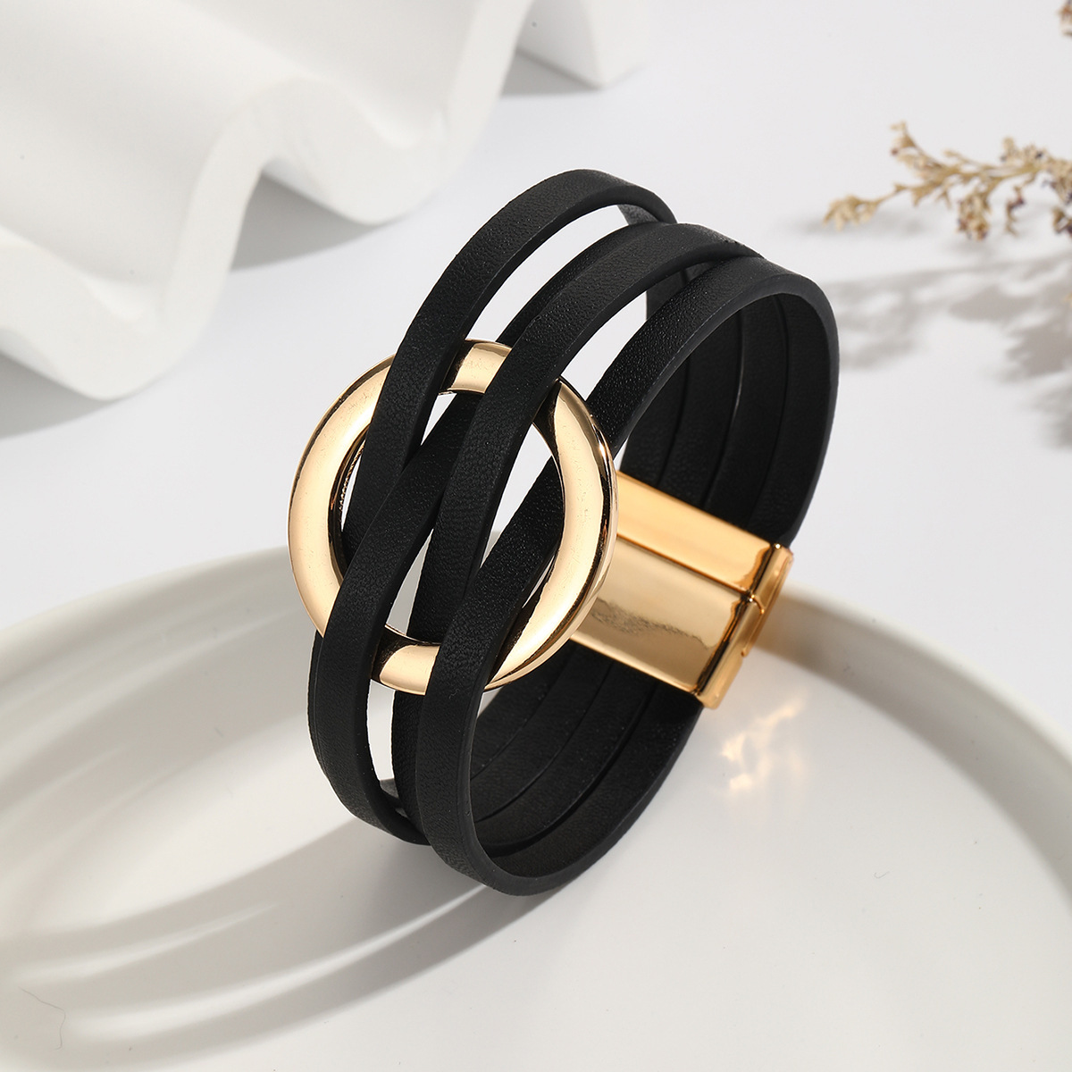 MYK1958-Cross-over leather women's bracelet with large metal ring cuff and magnetic clasp.