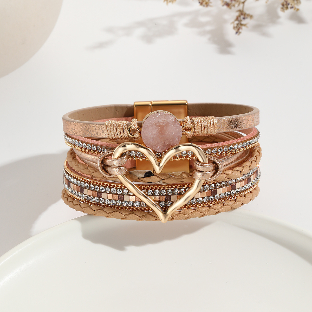 MYK1956-Bohemian Multi-Layer Bracelet with Raw Stone Heart Design, Women's Wrapped Leather Bracelet