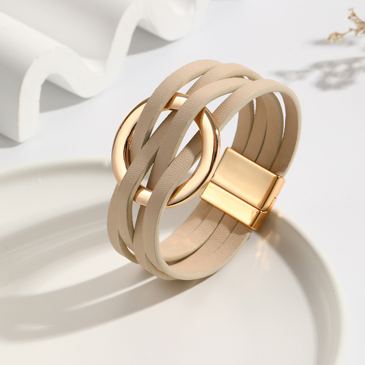MYK1958-Cross-over leather women's bracelet with large metal ring cuff and magnetic clasp.