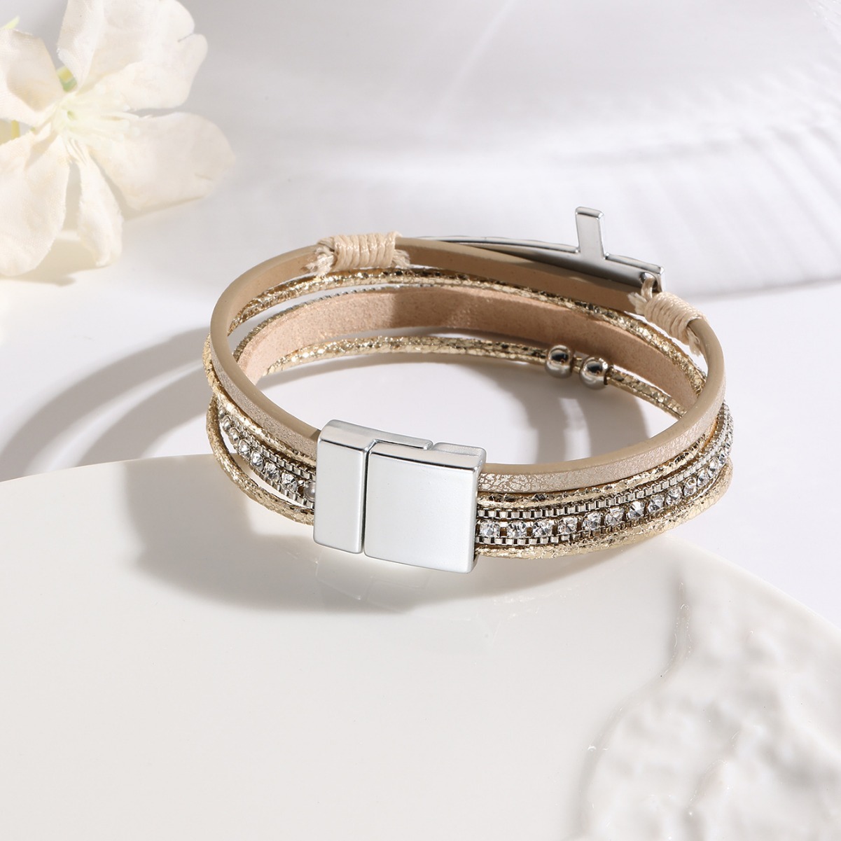 MYK1969-Bohemian style cross-shaped diamond magnetic clasp bracelet, multi-layered PU leather bracelet