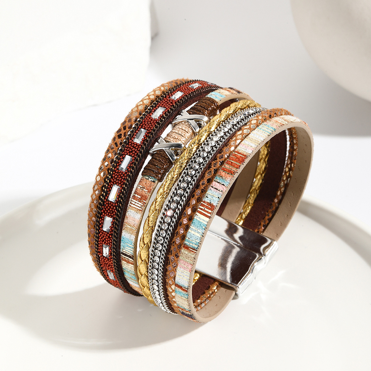 MYK1978-Hand-woven rhinestone colored braided multi-layer PU leather magnetic buckle bracelet