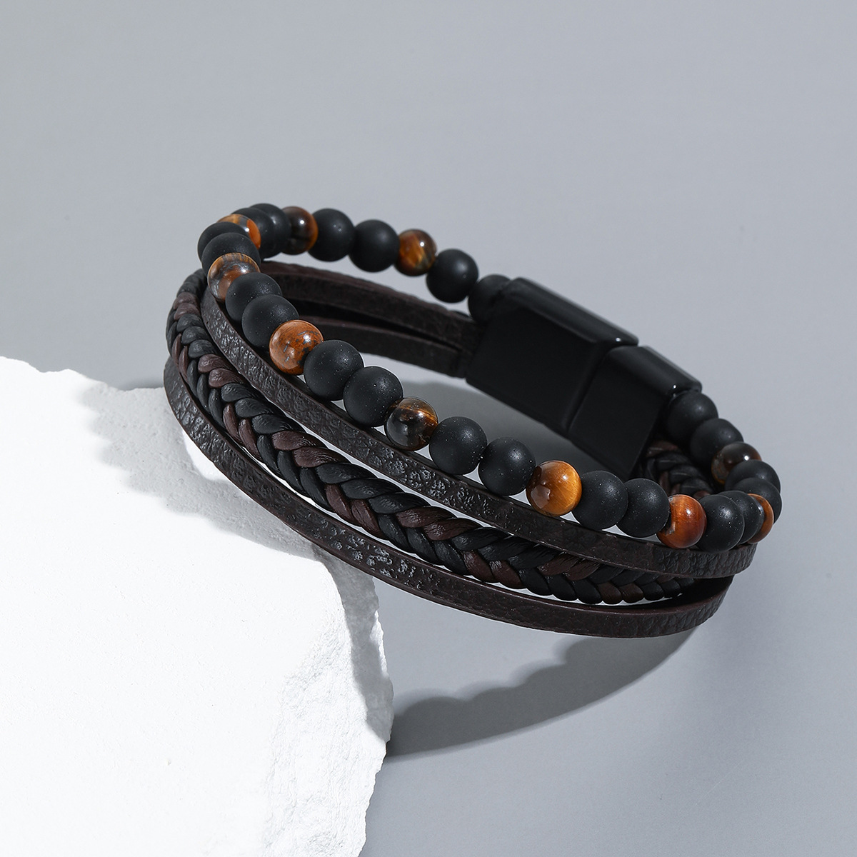 MYK1963-Handmade men's woven natural obsidian bracelet