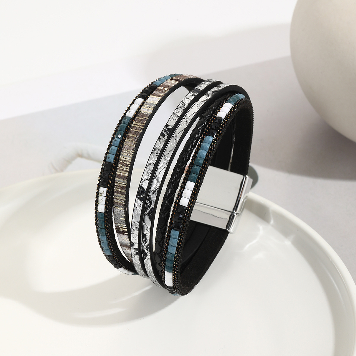 MYK1957-Bohemian style magnetic clasp leather bracelet with multi-layered wrapping.
