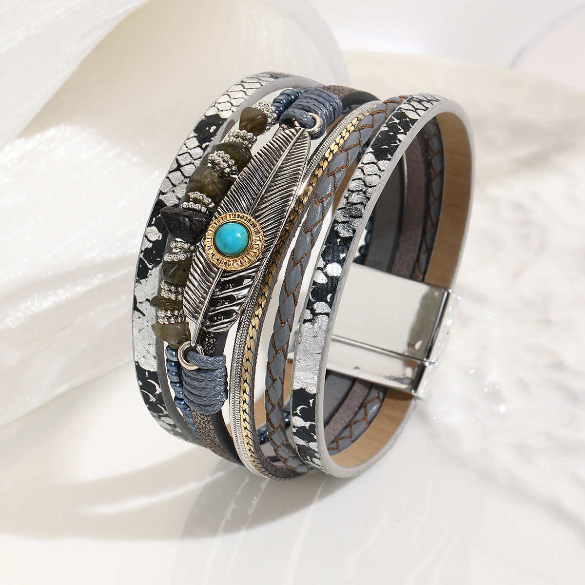 MYK1960-Jade Bohemian Style Bracelet with Pebbles, Feathers, Leather, Magnetic Clasp