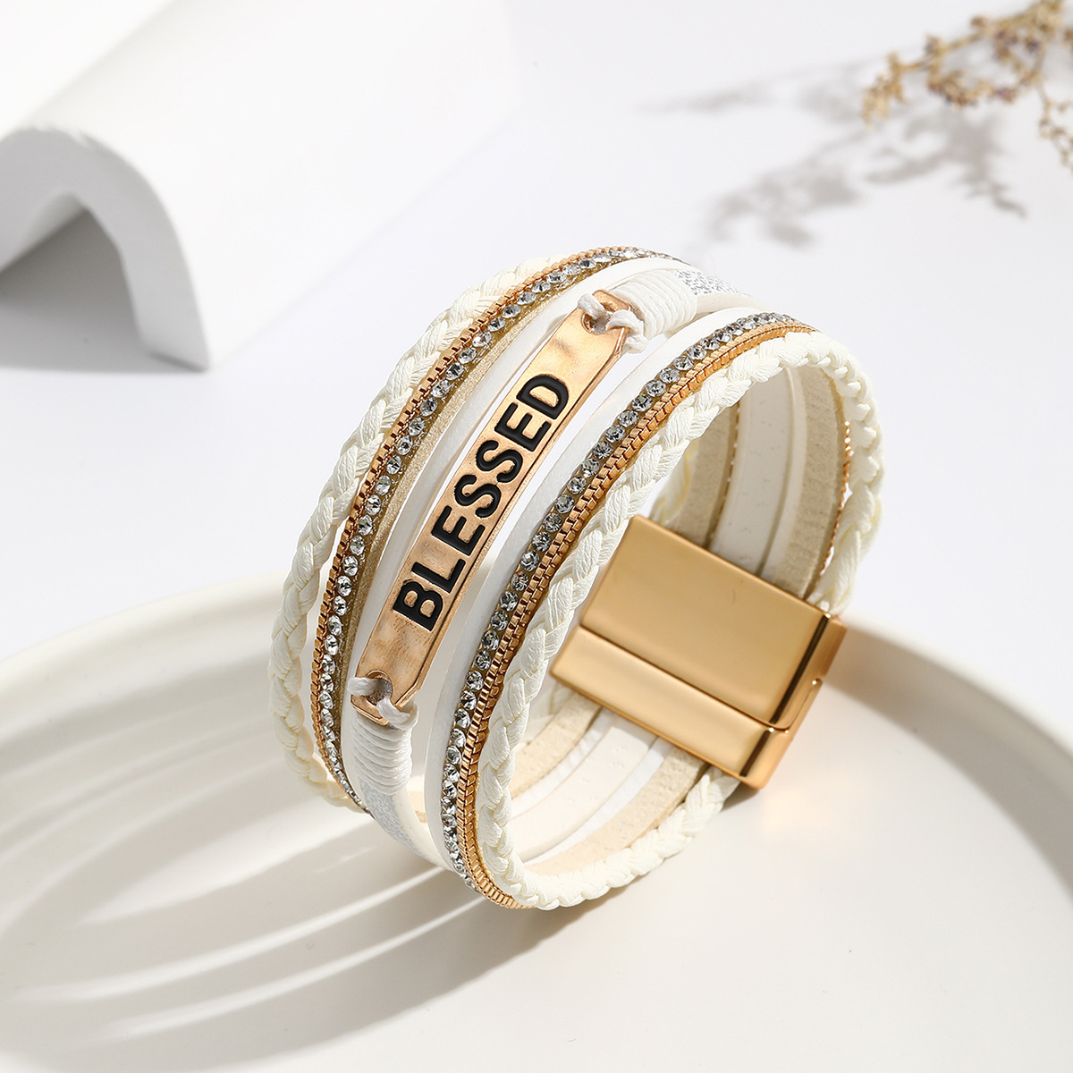 MYK1971-Ethnic style PU leather alloy multi-layer diamond-encrusted bracelet
