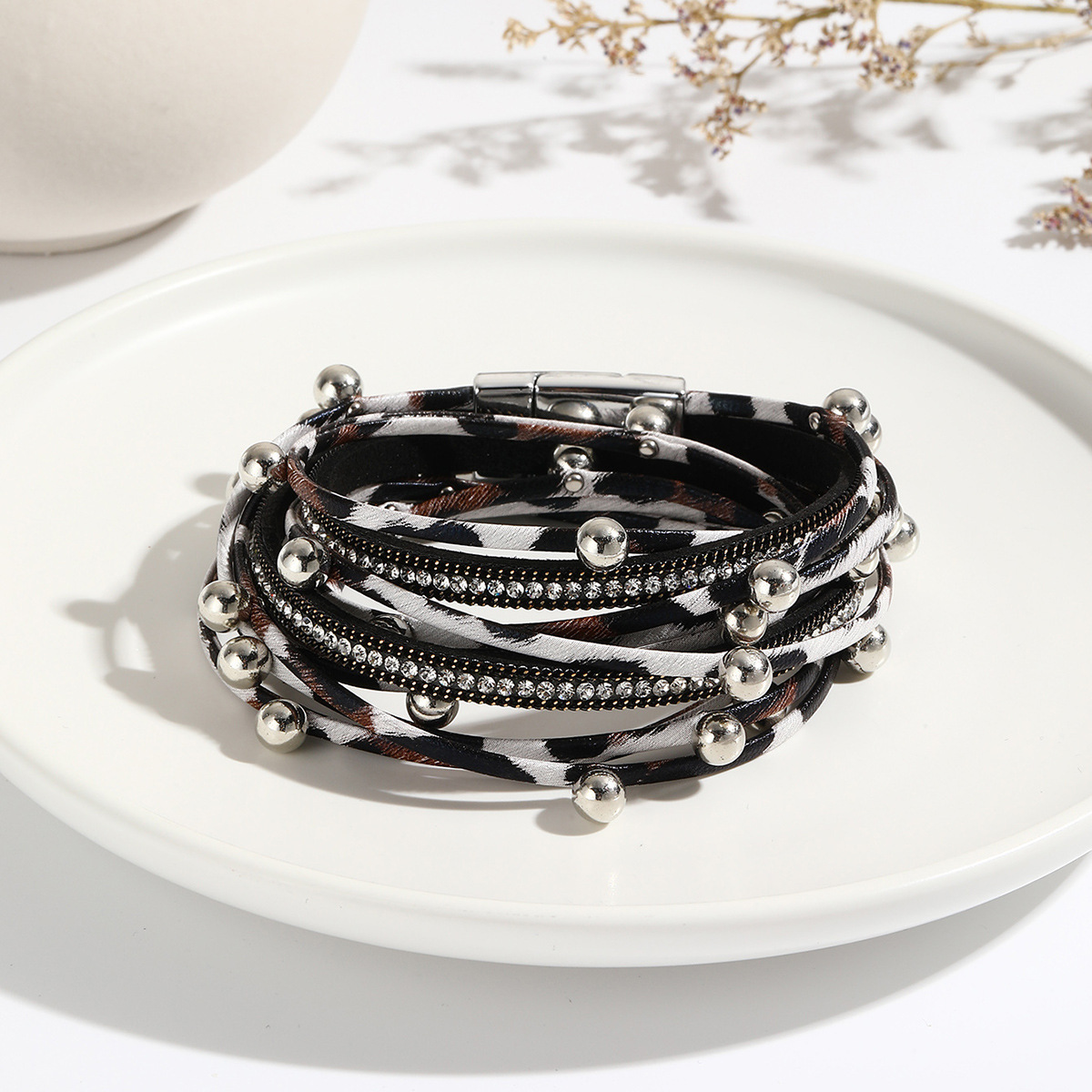 MYK1961-Double-strapped beaded leather bracelet with rhinestone magnetic clasp