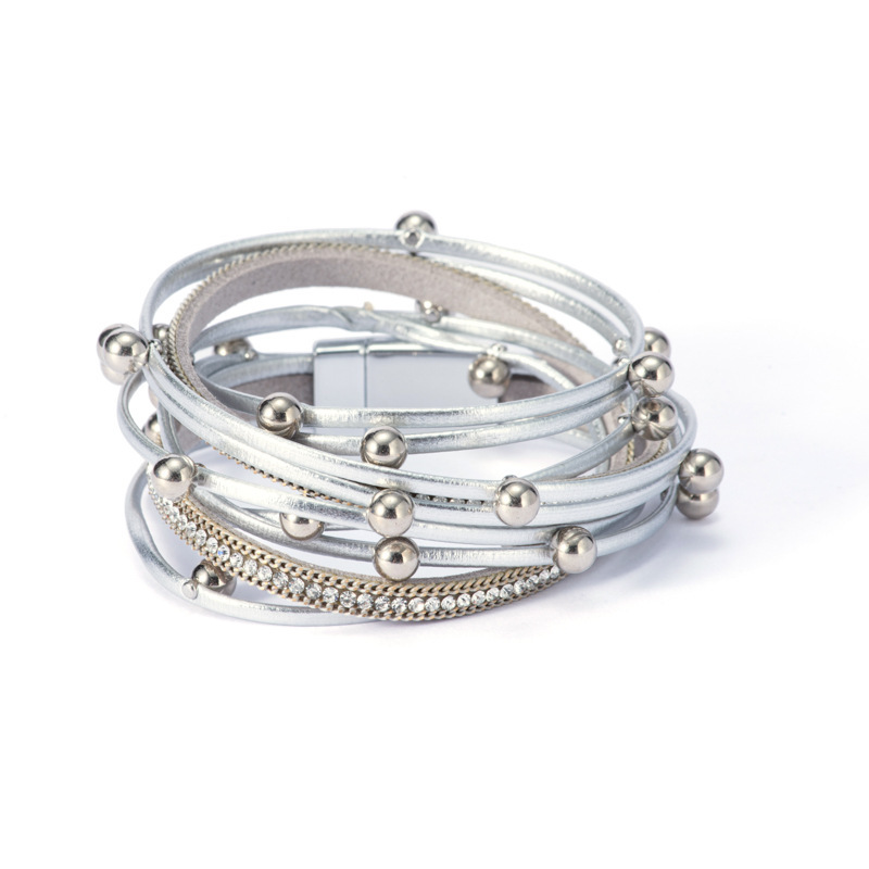 MYK1961-Double-strapped beaded leather bracelet with rhinestone magnetic clasp