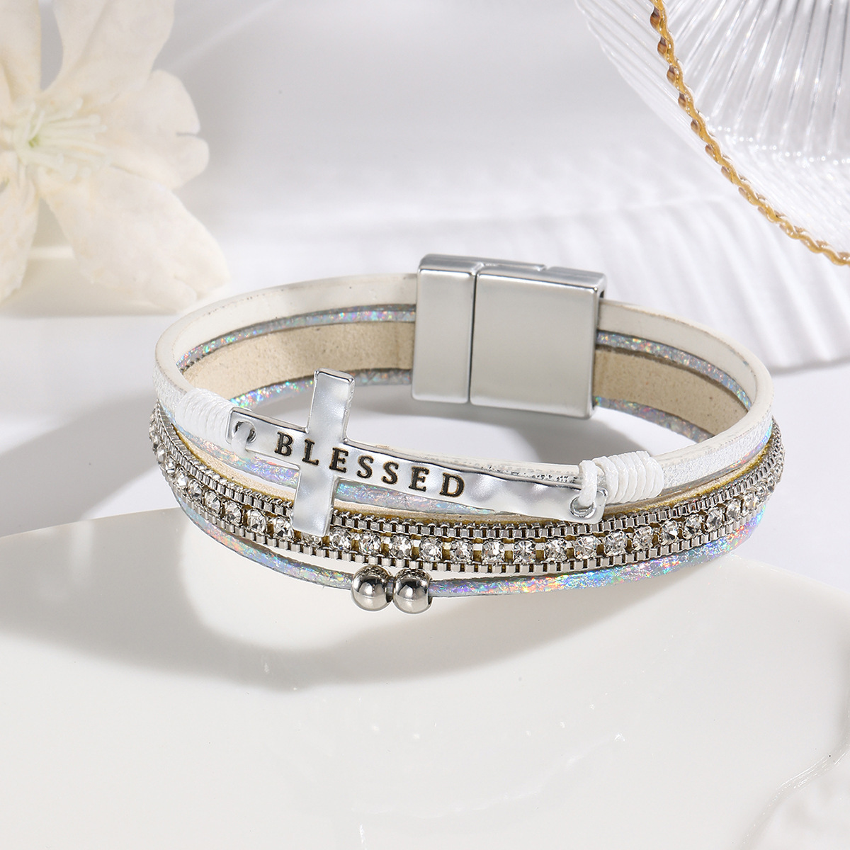 MYK1969-Bohemian style cross-shaped diamond magnetic clasp bracelet, multi-layered PU leather bracelet