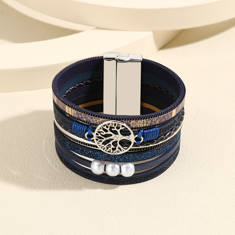 MYK1967-Bohemian Leather Multi-Layer Vintage Tree of Life Pearl Hand-Woven Magnetic Clasp Bracelet
