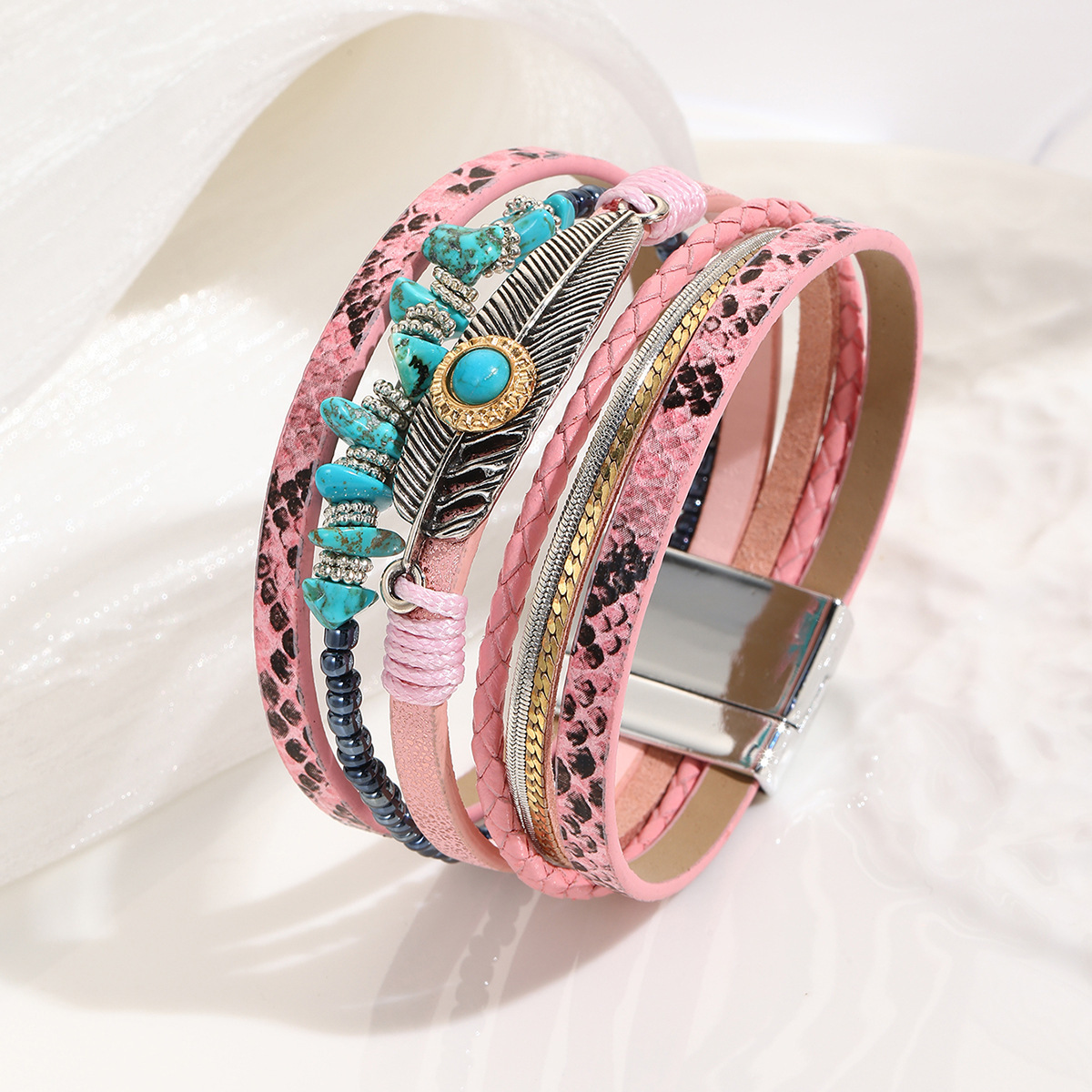 MYK1960-Jade Bohemian Style Bracelet with Pebbles, Feathers, Leather, Magnetic Clasp