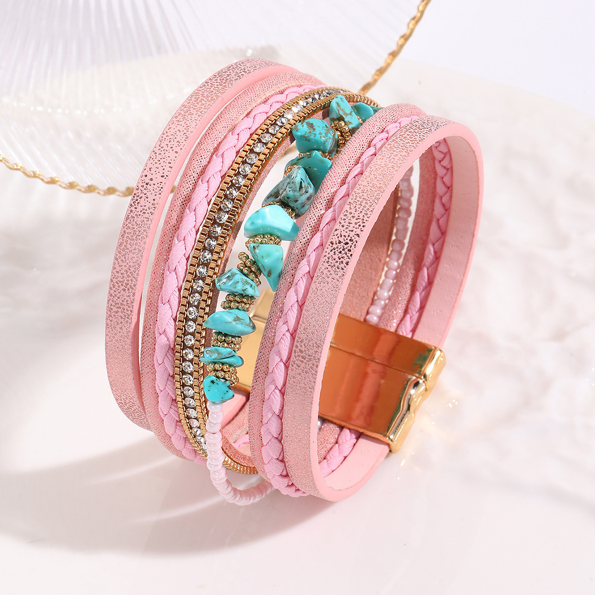 MYK1972-Bohemian-style irregular turquoise design wide leather bracelet