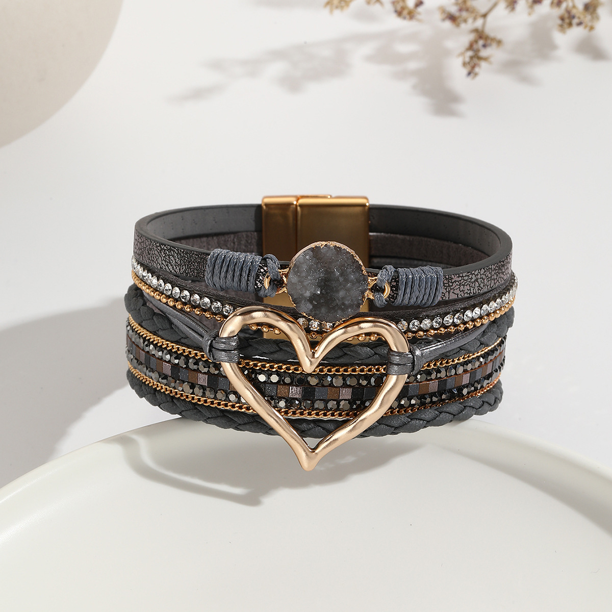 MYK1956-Bohemian Multi-Layer Bracelet with Raw Stone Heart Design, Women's Wrapped Leather Bracelet
