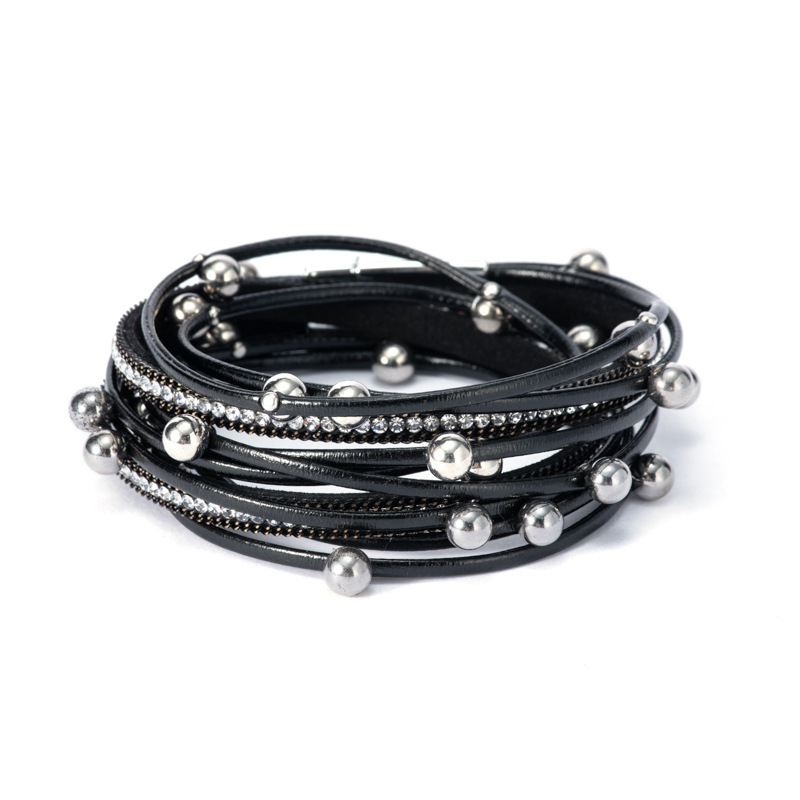 MYK1961-Double-strapped beaded leather bracelet with rhinestone magnetic clasp
