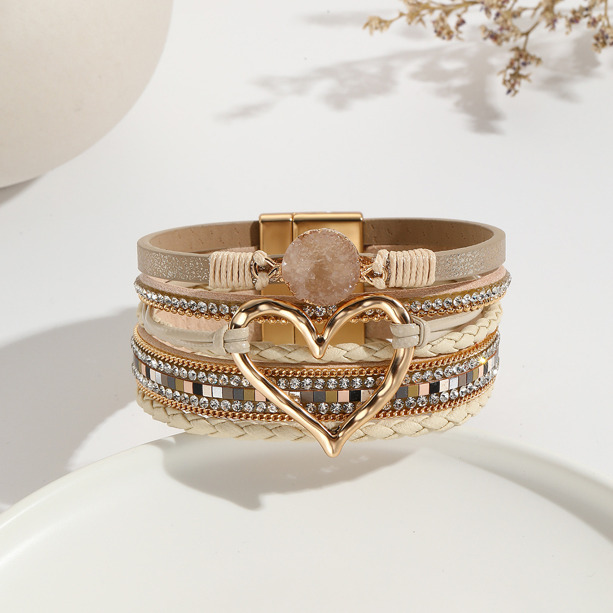 MYK1956-Bohemian Multi-Layer Bracelet with Raw Stone Heart Design, Women's Wrapped Leather Bracelet