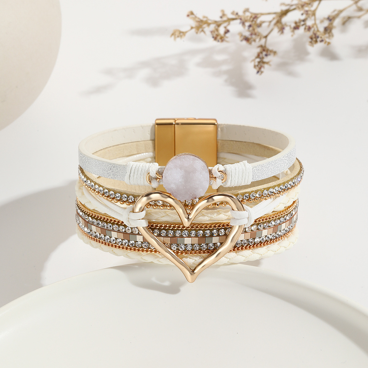 MYK1956-Bohemian Multi-Layer Bracelet with Raw Stone Heart Design, Women's Wrapped Leather Bracelet