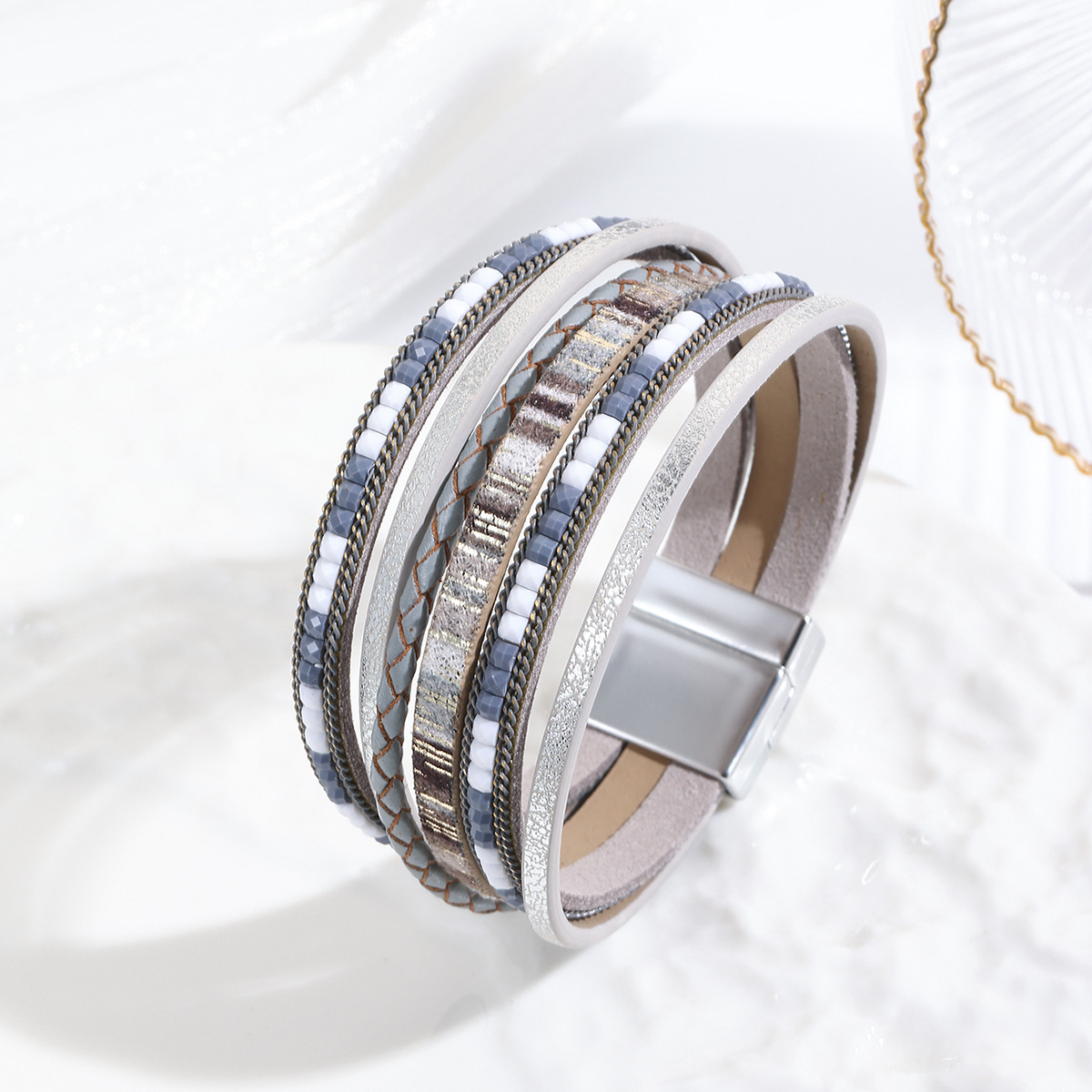 MYK1957-Bohemian style magnetic clasp leather bracelet with multi-layered wrapping.