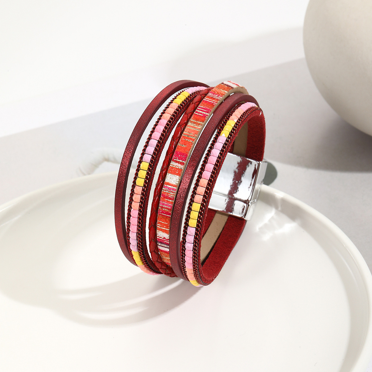 MYK1957-Bohemian style magnetic clasp leather bracelet with multi-layered wrapping.