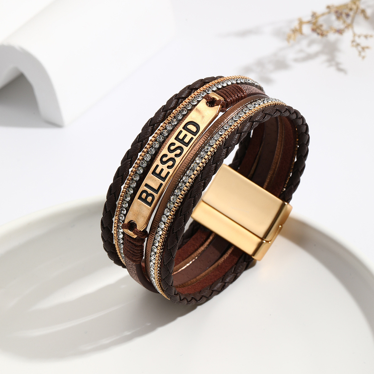 MYK1971-Ethnic style PU leather alloy multi-layer diamond-encrusted bracelet
