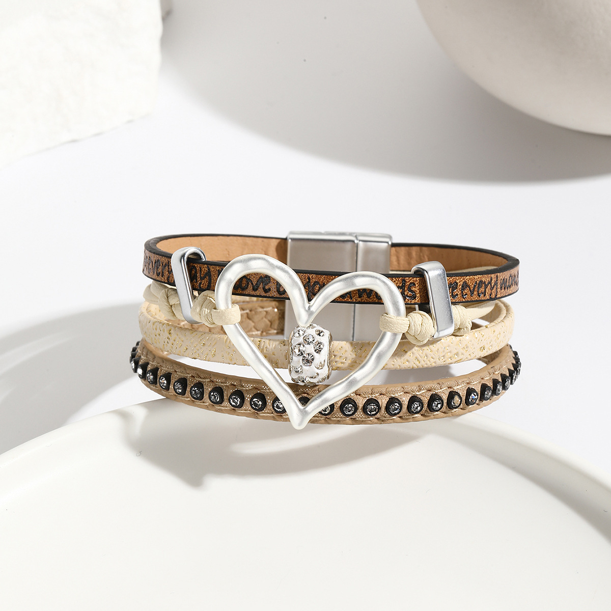 MYK1964-Hollowed-out heart-shaped rhinestone-encrusted magnetic clasp vintage multi-layered bracelet