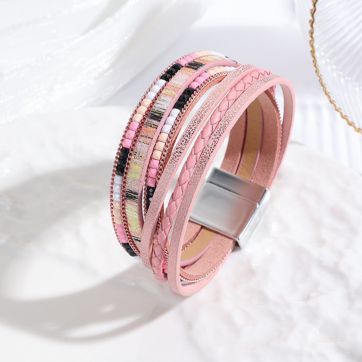 MYK1957-Bohemian style magnetic clasp leather bracelet with multi-layered wrapping.