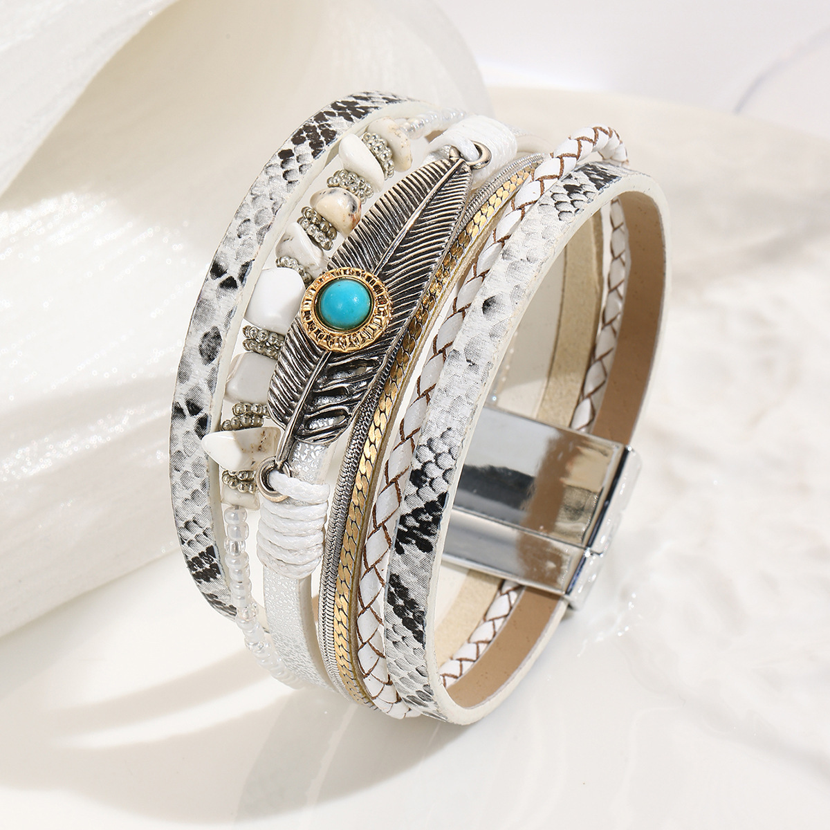 MYK1960-Jade Bohemian Style Bracelet with Pebbles, Feathers, Leather, Magnetic Clasp