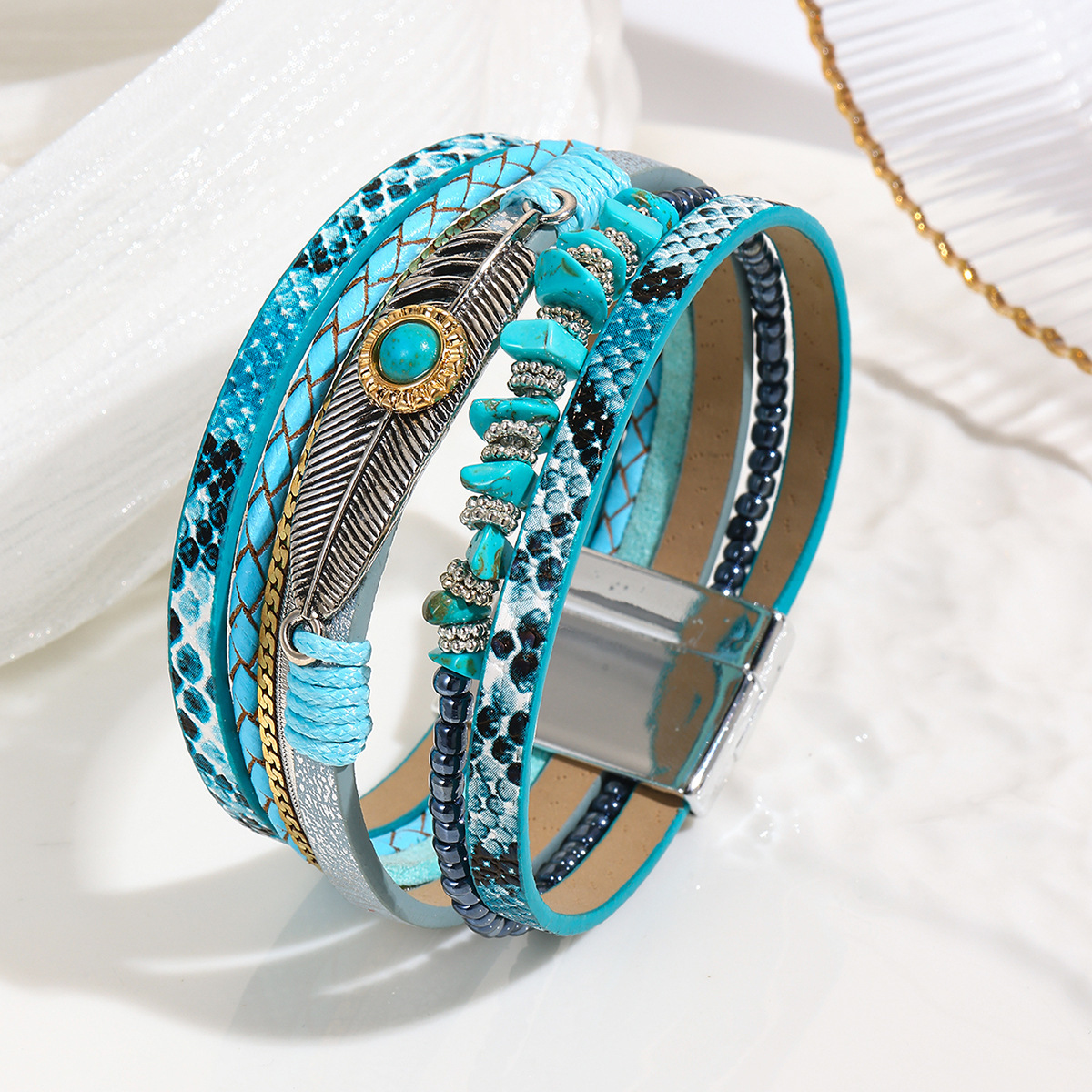 MYK1960-Jade Bohemian Style Bracelet with Pebbles, Feathers, Leather, Magnetic Clasp