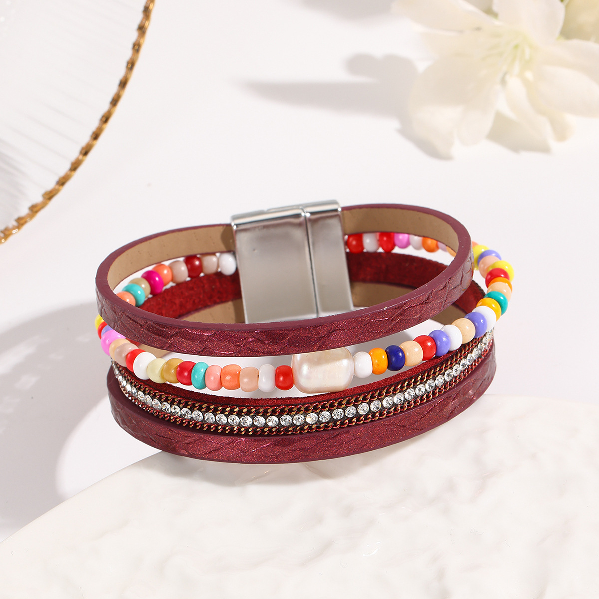MYK1999-Bohemian style magnetic clasp leather bracelet with multi-layered wrapping.